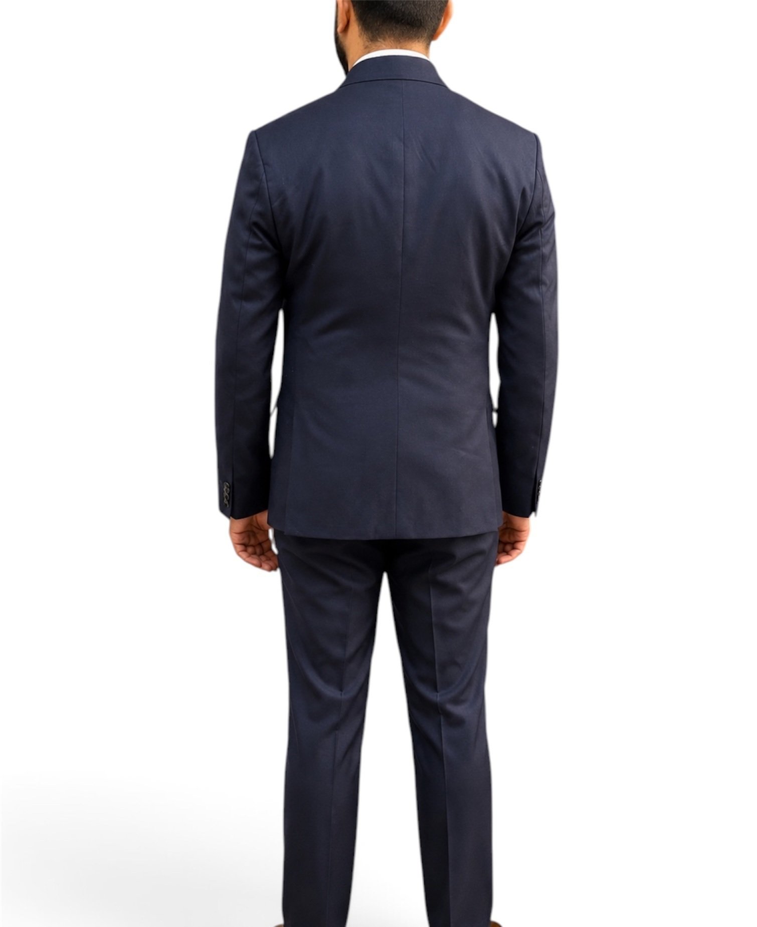 Men's navy suit back view
